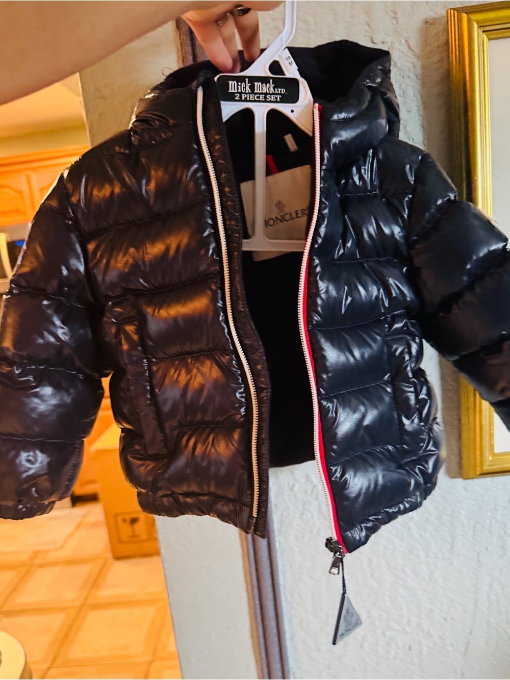Moncler Kids Shiny Black Hooded Puffer with Red-Trim Zipper